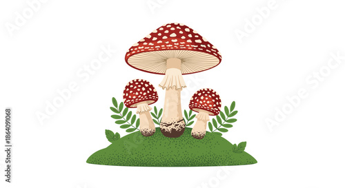 Detailed illustration of a cluster of red and white spotted fly agaric mushrooms (Amanita muscaria) growing on a mossy mound.