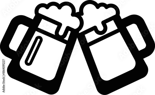 Outline drawing of two thick handled beer mugs with bubbly tops meeting in a toast symbolizing friendship and good times outline style