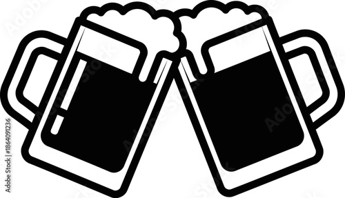 Two stylized beer mugs with foamy heads touching in a celebratory gesture capturing a perfect moment of happy drinking and camaraderie