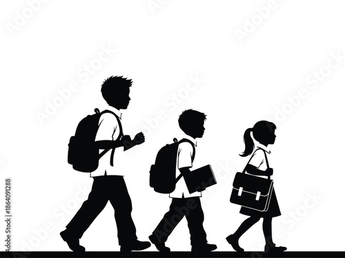 Silhouette of three students walking with backpacks and school supplies