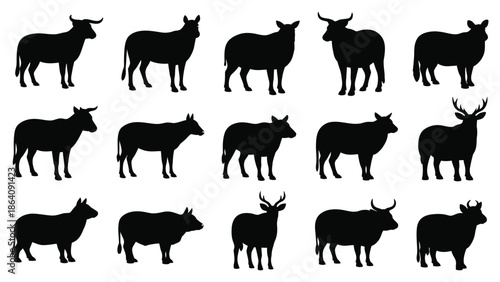 Collection of black silhouettes depicting various cattle and a single deer