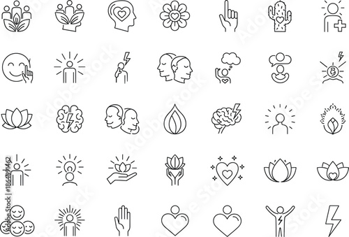 Mental health and emotional wellness outline icon set featuring mindfulness, psychology, self care, feelings, and inner balance symbols