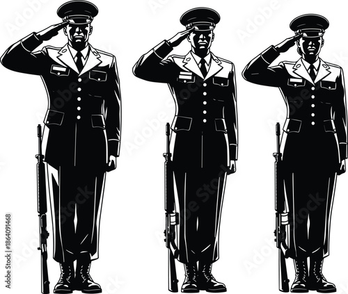 Military salute silhouette, formal uniform, rifle pose, ceremonial tribute, disciplined soldiers, black and white, honor, respect, vector illustration, defense concept