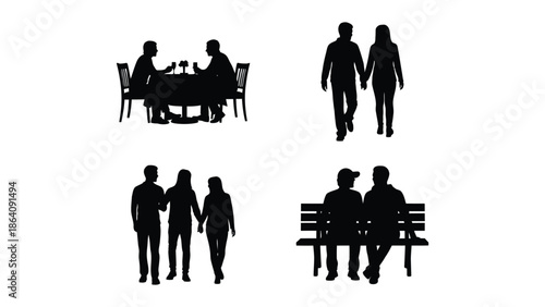 Silhouettes of people dining walking and sitting together in a park