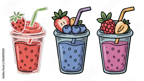 Summer Smoothie Refreshment: Refreshing trio of fruit smoothies featuring strawberries, blueberries, and raspberries, each adorned with vibrant toppings and straws.