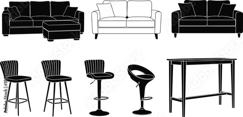  Modern living room furniture vector set with sofa silhouettes, bar stools, lounge chairs and high table, home interior design elements isolated icon