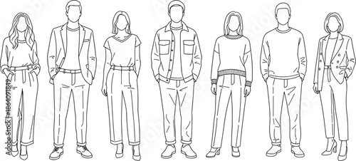 Modern people line art illustration showing men and women standing in casual outfits, fashion lifestyle characters, minimal outline vector collection for design use