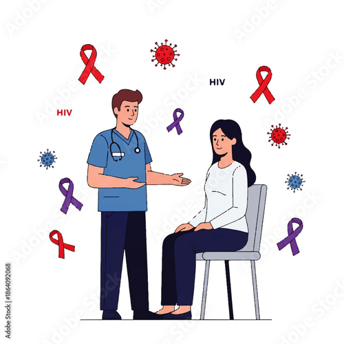 Vector flat design illustration of a healthcare professional discussing with a patient surrounded by HIV awareness symbols and virus particles in a clean, educational setting.
