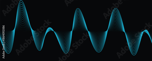 Abstract blue wavy lines of the sound wave. Dynamic gradient pulsating wave. Musical neon concept, symbols of the frequency of digital music. Vector illustration on a black background