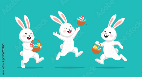 Three happy white cartoon bunnies running and jumping with colorful Easter baskets filled with decorated eggs on a teal background.