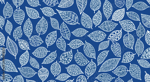 Seamless botanical pattern of white leaves with intricate doodle and zentangle designs covering a solid dark blue background.
