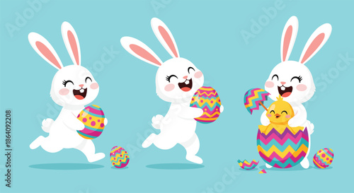Three cute white bunnies celebrating Easter with colorful eggs and a newly hatched yellow chick in a cracked egg shell.