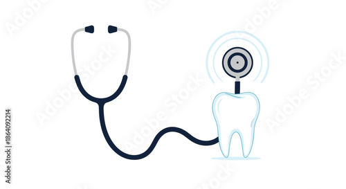 Dark blue stethoscope with a white cartoon tooth as the chest piece representing dental checkups and professional oral healthcare.