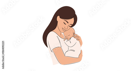 Tender line art illustration of a mother lovingly hugging her sleeping baby against her shoulder on a white background.