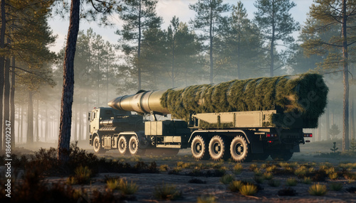 A powerful mobile ballistic missile system on a heavy multi-axle truck, positioned in a dense pine forest at dawn. Camouflage netting, realistic morning mist, cinematic lighting, hyper-realistic textu