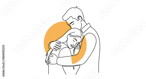 Minimalist line art illustration of a man tenderly hugging a woman from behind against a warm orange circular background.