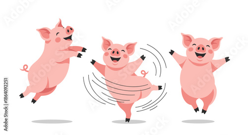 Set of three cheerful pink pigs jumping, dancing, and spinning with joy on a white background for farm themed designs.