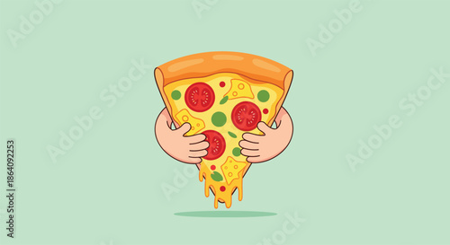 Fun cartoon illustration of a delicious slice of pepperoni and cheese pizza with two hands hugging it on a light green background.