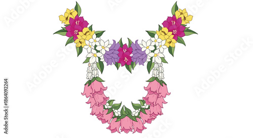 Beautiful traditional Thai flower garland featuring pink, purple, and yellow blossoms with green leaves on a white background.