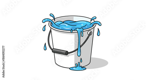 White bucket overflowing with splashing blue water showing liquid splashing over the edges isolated on a white background.