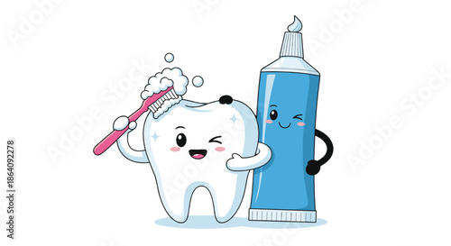 Happy cartoon tooth character brushing itself with a pink toothbrush next to a smiling blue tube of toothpaste.