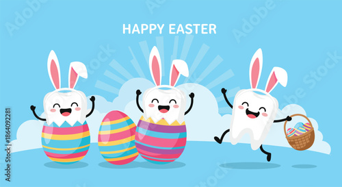 Three joyful cartoon teeth wearing bunny ears celebrating Easter with colorful eggs and a basket of treats under a bright sun.