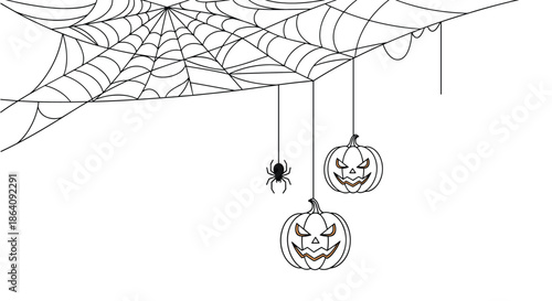 Black and white line art illustration of a large spider web with a spider and two jack o lanterns hanging from silk threads.