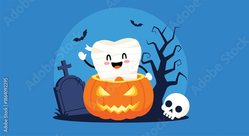 Adorable cartoon tooth dressed as a mummy jumping out of a jack o lantern in a spooky graveyard at night under a full moon.