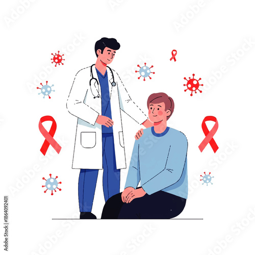 Vector flat design illustration of a doctor talking to a patient with HIV awareness symbols around them on a white background.