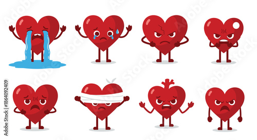 Set of eight red heart characters expressing negative emotions such as sadness, anger, pain, and being hurt with bandages.