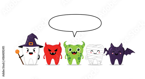 Group of teeth characters dressed in various Halloween costumes like a witch, mummy, and devil with a speech bubble above.