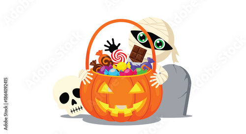 Cute Halloween mummy character hiding behind a large pumpkin basket filled with various candies and sweets in a graveyard.