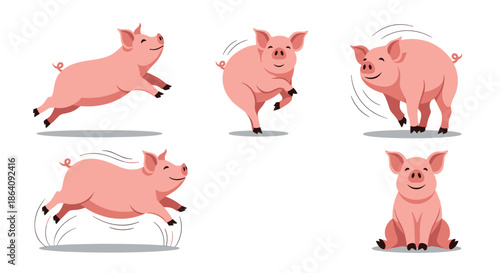 Collection of various pink pig characters in different active poses such as jumping, sitting, and running on a white background.