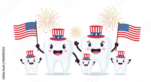 Patriotic teeth characters wearing Uncle Sam hats and holding American flags with festive fireworks for Independence Day celebration.
