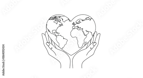 Elegant black and white line art illustration of human hands holding a heart-shaped earth globe on a plain white background.