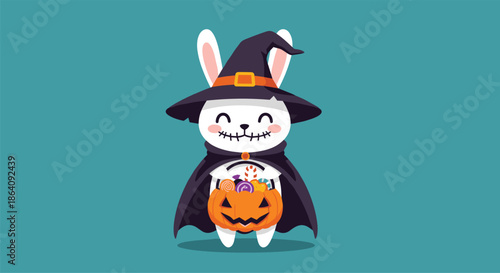 Adorable white rabbit character dressed in a witch hat and black cloak holding a pumpkin basket for Halloween trick or treating.