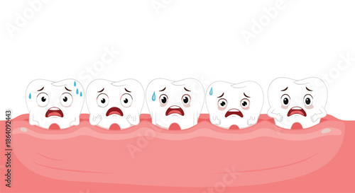 Five worried teeth characters on a pink gum line showing signs of severe tooth decay and cavities in an educational illustration.