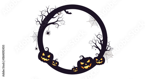 Circular Halloween frame design featuring black silhouettes of dead trees, spider webs, and glowing carved jack-o-lantern pumpkins.