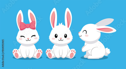 Three adorable white rabbit characters sitting peacefully against a bright blue background with one wearing a large pink bow.