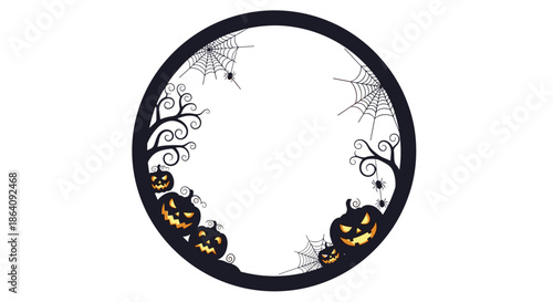 Eerie circular Halloween frame decorated with black silhouettes of dead trees, spider webs, and glowing pumpkins on white.