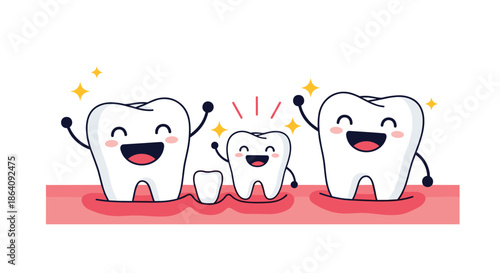 Happy teeth characters on a pink gum line celebrating the growth of a new small tooth with sparkles and joyful expressions.