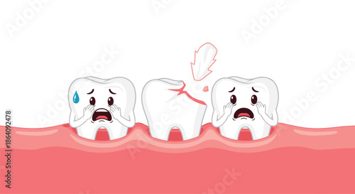 Concerned teeth characters on a pink gum line looking at a broken and cracked tooth in the middle of a dental health illustration.