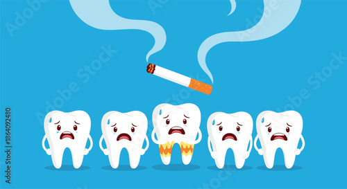 Group of terrified teeth characters looking up at a lit cigarette releasing smoke that harms their health in a warning illustration.