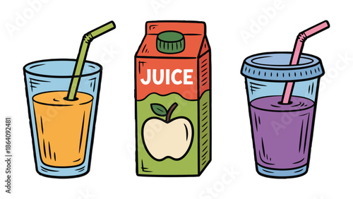 Refreshing Beverages: A trio of delightful beverages, from an apple juice box to a fruity juice in clear cups, invites you to quench your thirst and invigorate your senses. 