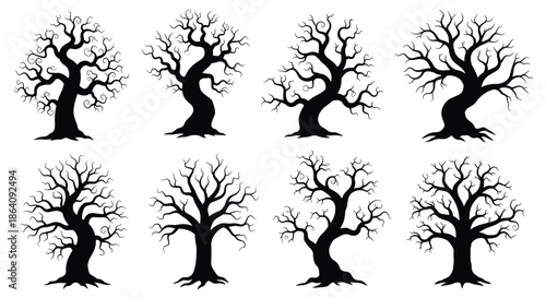 Set of eight spooky leafless tree silhouettes with twisted branches perfect for Halloween or horror designs.