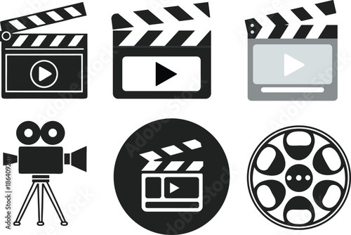 Media Player Icon Set, player icon , media player control icons, play pause buttons, Director clapper board cartoon illustration for cinematography concept