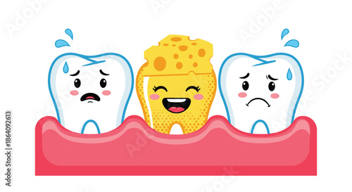 Two sad white teeth next to a happy yellow tooth wearing a piece of cheese representing tooth decay or health.