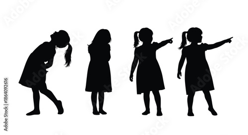 Four silhouettes of a young girl in different playful poses including pointing and leaning back on white background.