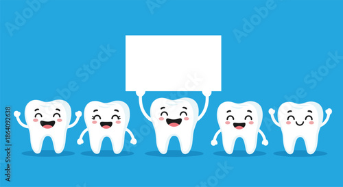 Group of five happy white tooth characters with the middle one holding a blank white sign for custom messages.