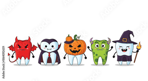 Row of five adorable white teeth characters dressed in different fun costumes for a Halloween dental celebration.